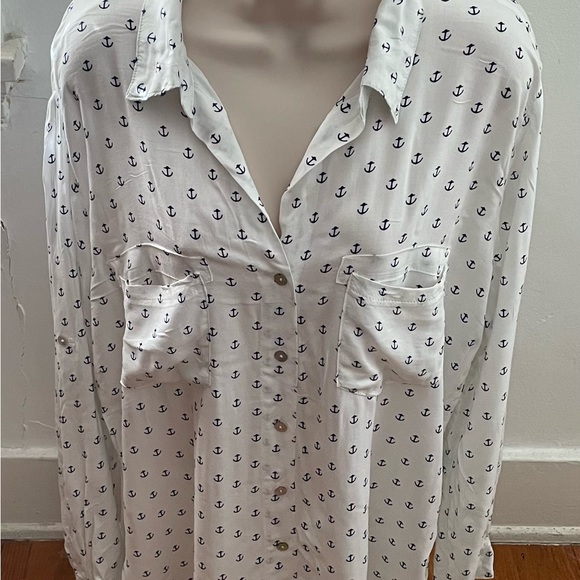 Just Living white anchor print button up roll tab sleeve shirt, size L marine - Picture 6 of 16